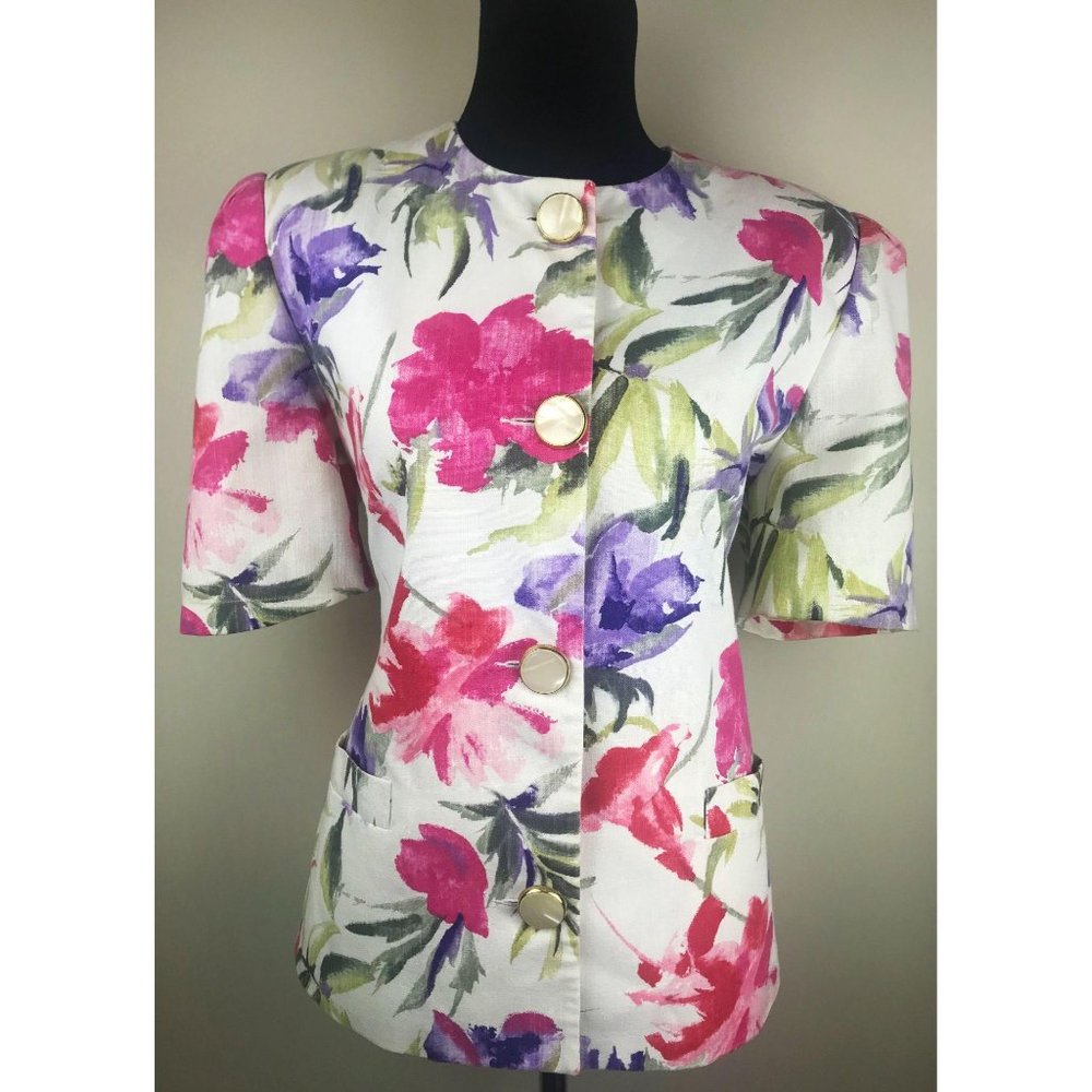Vtg Oleg Cassini Short Sleeve Floral Blazer